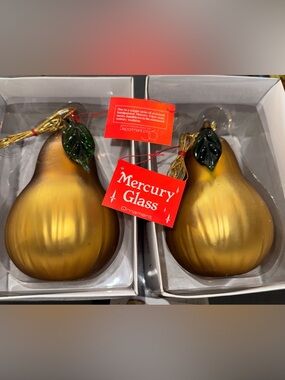 Dept 56 Mercury Glass Pear Ornament Set (2) Handpainted Gold Fruit w/ Boxes